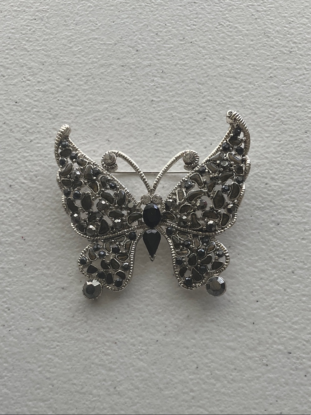 Silver-Tone Butterfly Brooch with Black Crystals